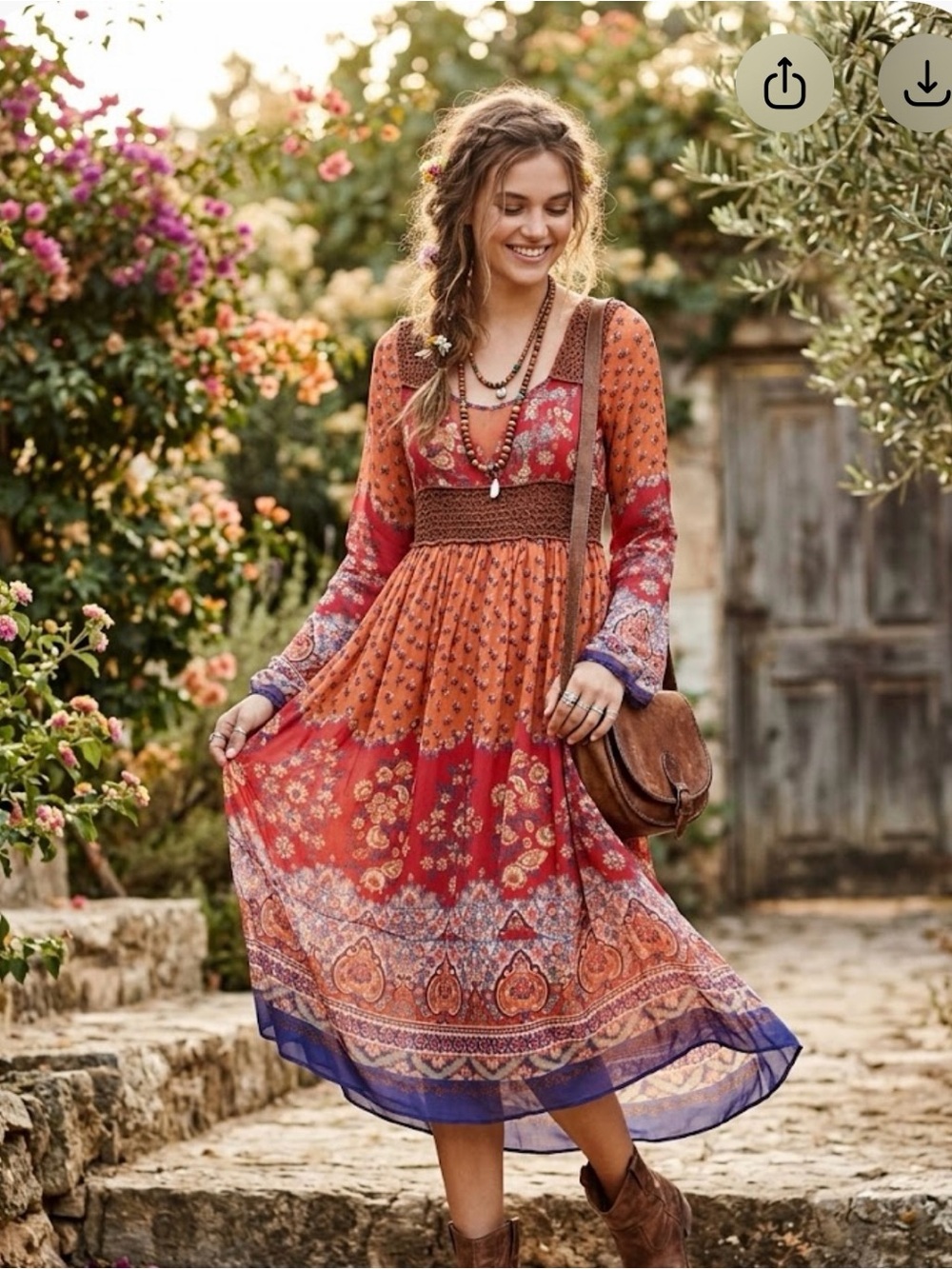 ECI New York Boho Floral Long-Sleeve Midi Dress in Rust Red